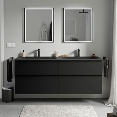 Meuble vasque suspendu MDF Noir mat, lavabo fonte Noir mat + trou robinet, poignée Noir mat - 160x46x62cm - LAVOA