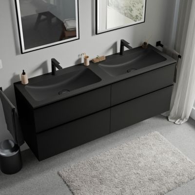 Meuble vasque suspendu MDF Noir mat, lavabo fonte Noir mat + trou robinet, poignée Noir mat - 160x46x62cm - LAVOA