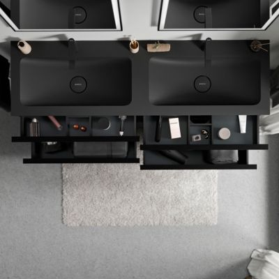 Meuble vasque suspendu MDF Noir mat, lavabo fonte Noir mat + trou robinet, poignée Noir mat - 160x46x62cm - LAVOA