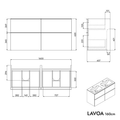 Meuble vasque suspendu MDF Noir mat, lavabo fonte Noir mat + trou robinet, poignée Noir mat - 160x46x62cm - LAVOA