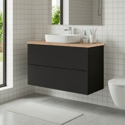 Meuble vasque suspendu noir mat l.100 cm Imandra + plan de toilette effet chêne, GoodHome