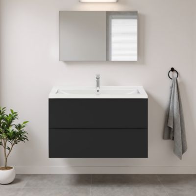 Meuble vasque suspendu noir mat l.100 cm Imandra + plan vasque blanc céramique Nira, GoodHome