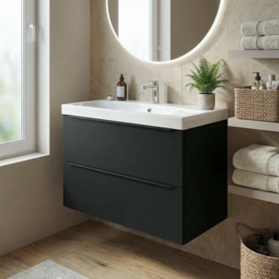 Meuble vasque suspendu noir mat l.100 cm Imandra + plan vasque blanc résine, GoodHome