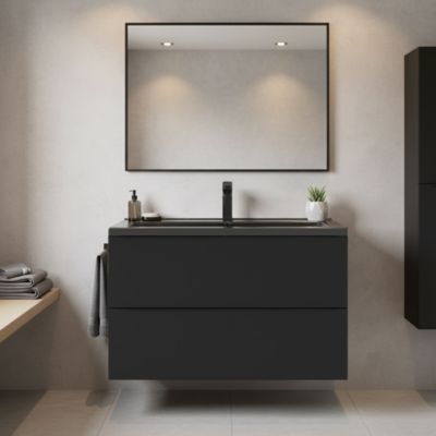 Meuble vasque suspendu noir mat l.100 cm Imandra + plan vasque noir céramique Nira, GoodHome