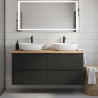 Meuble vasque suspendu noir mat l.120 cm Imandra + plan de toilette chêne Hartland, GoodHome
