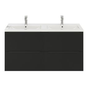 Meuble vasque suspendu noir mat l.120 cm Imandra + plan double vasque blanc céramique Nira, GoodHome