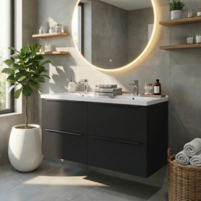 Meuble vasque suspendu noir mat l.120 cm Imandra + plan double vasque blanc céramique Nira, GoodHome