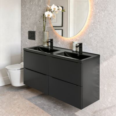 Meuble vasque suspendu noir mat l.120 cm Imandra + plan double vasque noir céramique Nira, GoodHome