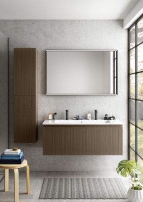 Meuble vasque suspendu noir mat l.120 cm + plan vasque blanc céramique pour 2 robinets, Pura+