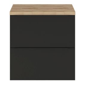 Meuble vasque suspendu noir mat l.60 cm Imandra + plan de toilette effet chêne, GoodHome