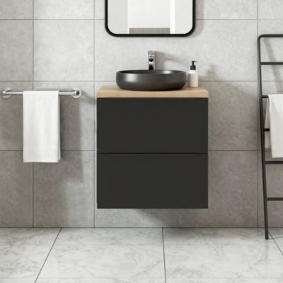 Meuble vasque suspendu noir mat l.60 cm Imandra + plan de toilette effet chêne, GoodHome