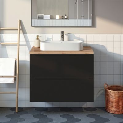 Meuble vasque suspendu noir mat l.80 cm Imandra + plan de toilette effet chêne, GoodHome
