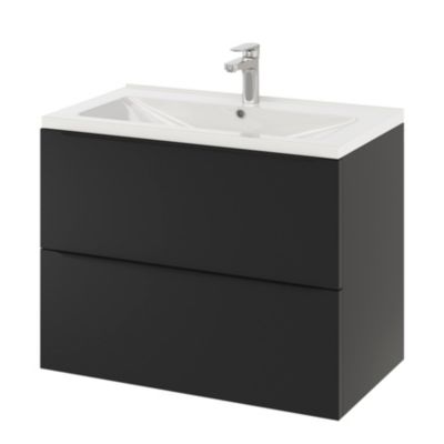 Meuble vasque suspendu noir mat l.80 cm Imandra + plan vasque blanc céramique Nira, GoodHome