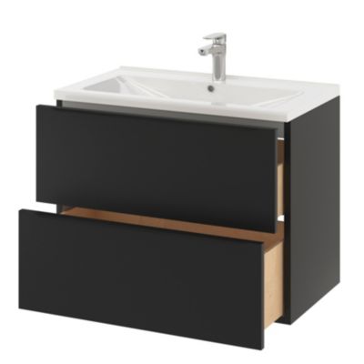Meuble vasque suspendu noir mat l.80 cm Imandra + plan vasque blanc céramique Nira, GoodHome