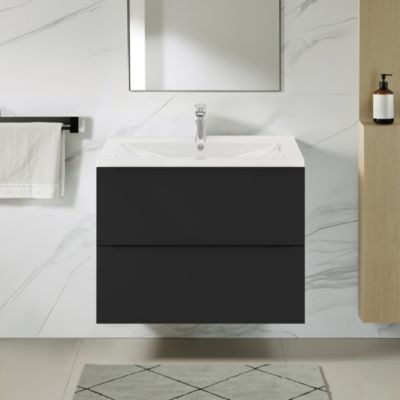 Meuble vasque suspendu noir mat l.80 cm Imandra + plan vasque blanc céramique Nira, GoodHome