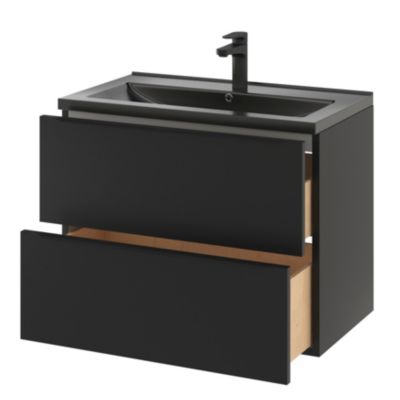 Meuble vasque suspendu noir mat l.80 cm Imandra + plan vasque noir céramique Nira, GoodHome