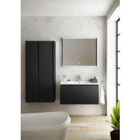 Meuble vasque suspendu noir mat l.90 cm + plan vasque blanc mat résine, Pura+