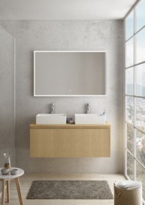 Meuble vasque suspendu plaqué chêne miel strié l.120 cm + plan de toilette plaqué chêne miel pour 2 vasques, Pura+