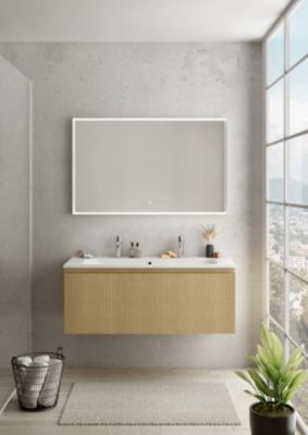 Meuble vasque suspendu plaqué chêne miel strié l.120 cm + plan vasque pour 2 robinets blanc céramique, Pura+