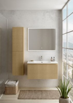 Meuble vasque suspendu plaqué chêne miel strié l.90 cm + plan vasque blanc brillant résine, Pura+