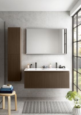 Meuble vasque suspendu plaqué noyer strié l.120 cm + plan double vasque blanc céramique, Pura+