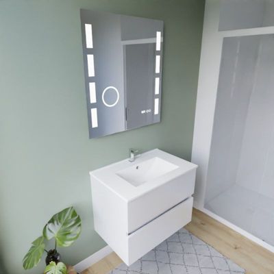 Meuble vasque tout inox ROSINOX 70 cm + miroir Excellence- Blanc- Plan vasque en Céramique