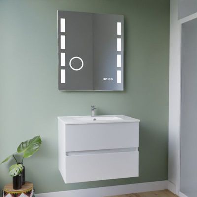 Meuble vasque tout inox ROSINOX 70 cm + miroir Excellence- Blanc- Plan vasque en Céramique