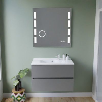 Meuble vasque tout inox ROSINOX 80 cm + miroir Excellence- Gris- Plan vasque en Résine