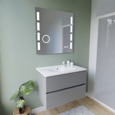 Meuble vasque tout inox ROSINOX 80 cm + miroir Excellence- Gris- Plan vasque en Résine