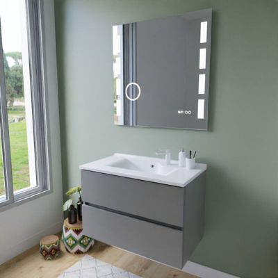 Meuble vasque tout inox ROSINOX 80 cm + miroir Excellence- Gris- Plan vasque en Résine