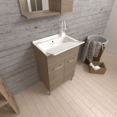 Meuble Évier 50Cm Chêne Naturel 2 Portes Avec Planche À Laver Amovible - Pratico