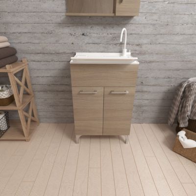 Meuble Évier 50Cm Chêne Naturel 2 Portes Avec Planche À Laver Amovible - Pratico