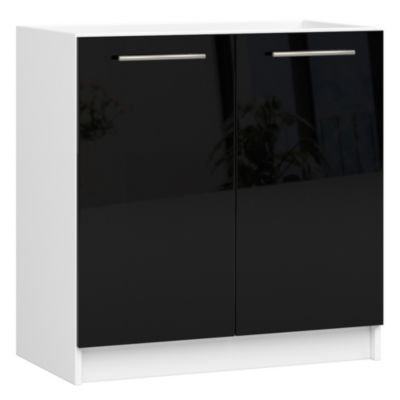 Meuble évier de cuisine : 2 portes, 1 étagère, blanc/noir brillant, 80 x 82 x 46 cm