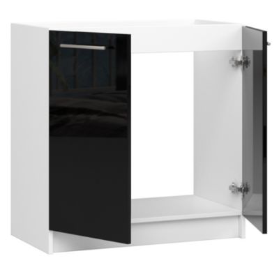 Meuble évier de cuisine : 2 portes, 1 étagère, blanc/noir brillant, 80 x 82 x 46 cm