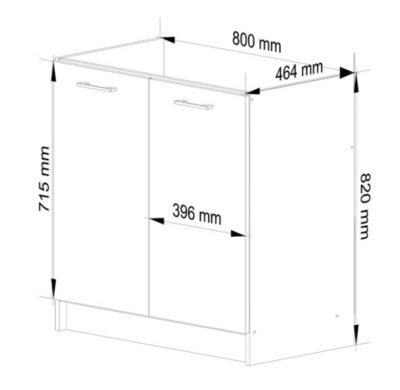 Meuble évier de cuisine : 2 portes, 1 étagère, blanc/noir brillant, 80 x 82 x 46 cm