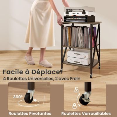 Meuble Vinyle Platine à 3 Niveaux avec Station de Charge roulettes Verrouillables Cadre en Métal Table Appoint Gris