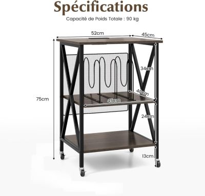 Meuble Vinyle Platine à 3 Niveaux avec Station de Charge roulettes Verrouillables Cadre en Métal Table Appoint Gris