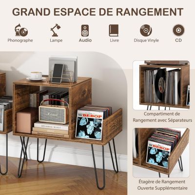 Meuble Vinyle Platine avec Station de Charge 2 Prises 2USB Support pour Tourne disque avec Séparateur Amovible Brun