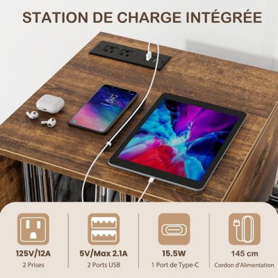 Meuble Vinyle Platine avec Station de Charge 2 Prises 2USB Support pour Tourne disque avec Séparateur Amovible Brun