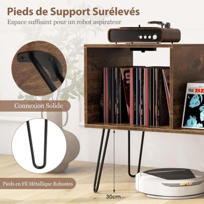 Meuble Vinyle Platine avec Station de Charge 2 Prises 2USB Support pour Tourne disque avec Séparateur Amovible Brun