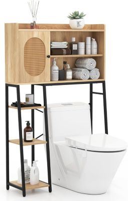 Meuble WC Au-Dessus des Toilettes, avec Porte en Rotin PE et Étagère Réglable,pour Salle de Bain, 89x29x139cm, Naturel