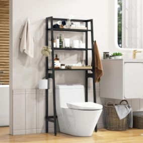 Meuble WC au-Dessus des Toilettes Barre Inferieure Reglable Porte-Papier Toilette Etagere de Rangement a 3 Niveaux Noir