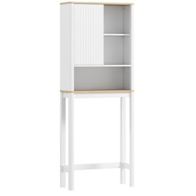 Meuble WC dessus de toilette style bohème - porte coulissante, étagère, niche - effet bois clair blanc