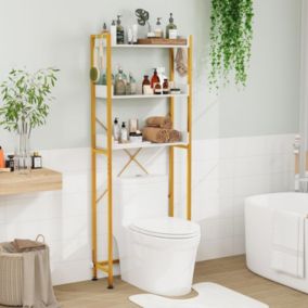 Meuble WC Etagere au-Dessus des Toilettes a 3 Niveaux avec 4 Crochets Cadre en Metal 63x24x165 CM Jaune+Blanc