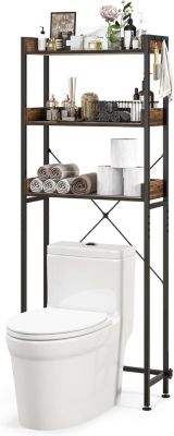 Meuble WC Etagere au-Dessus des Toilettes a 3 Niveaux avec 4 Crochets Cadre en Metal 63x24x166 CM Marron Rustique