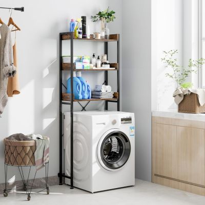 Meuble WC Etagere au-Dessus des Toilettes a 3 Niveaux avec 4 Crochets Cadre en Metal 63x24x166 CM Marron Rustique