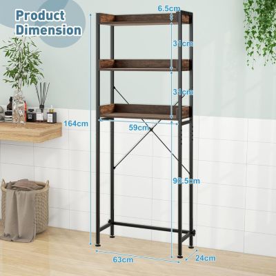 Meuble WC Etagere au-Dessus des Toilettes a 3 Niveaux avec 4 Crochets Cadre en Metal 63x24x166 CM Marron Rustique