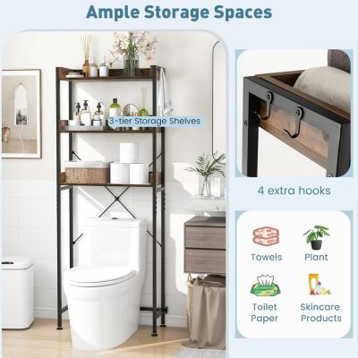 Meuble WC Etagere au-Dessus des Toilettes a 3 Niveaux avec 4 Crochets Cadre en Metal 63x24x166 CM Marron Rustique