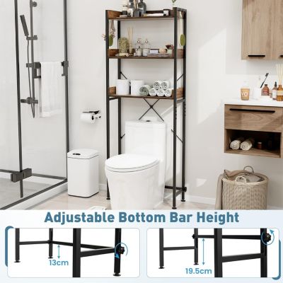 Meuble WC Etagere au-Dessus des Toilettes a 3 Niveaux avec 4 Crochets Cadre en Metal 63x24x166 CM Marron Rustique