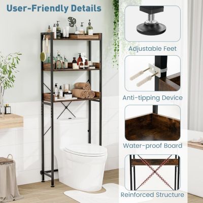 Meuble WC Etagere au-Dessus des Toilettes a 3 Niveaux avec 4 Crochets Cadre en Metal 63x24x166 CM Marron Rustique